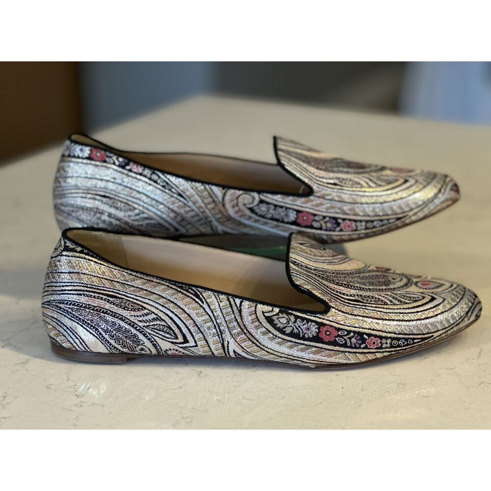 J CREW Jacquard Metallic Smoking Flats LUX Leather Italy Women Size 10 Fast Ship
